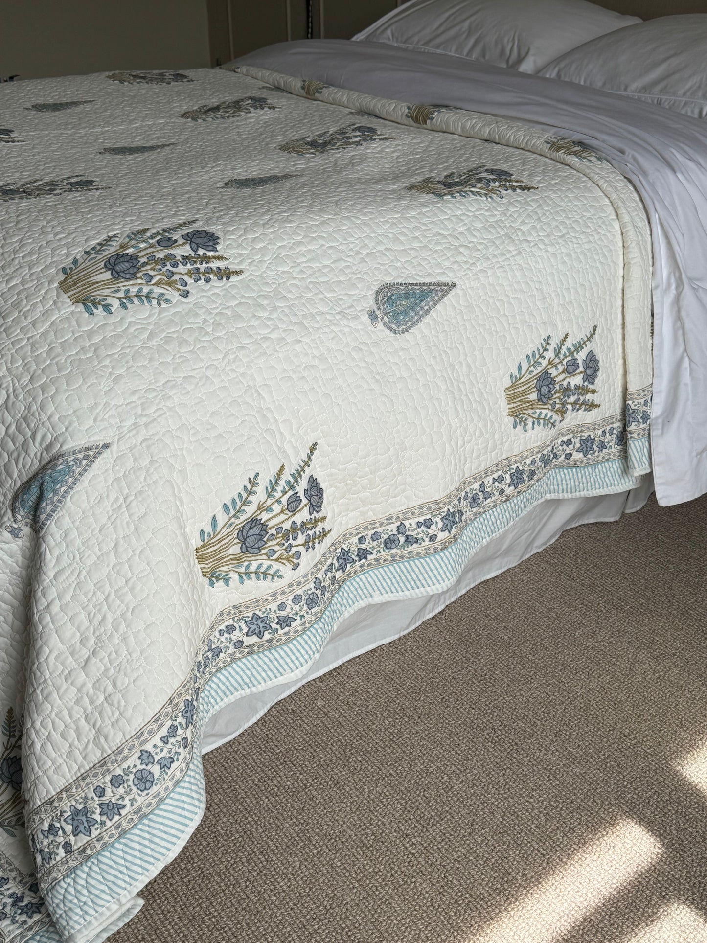 Blue Cypress and Foliage Hand Block-Printed Bedspread