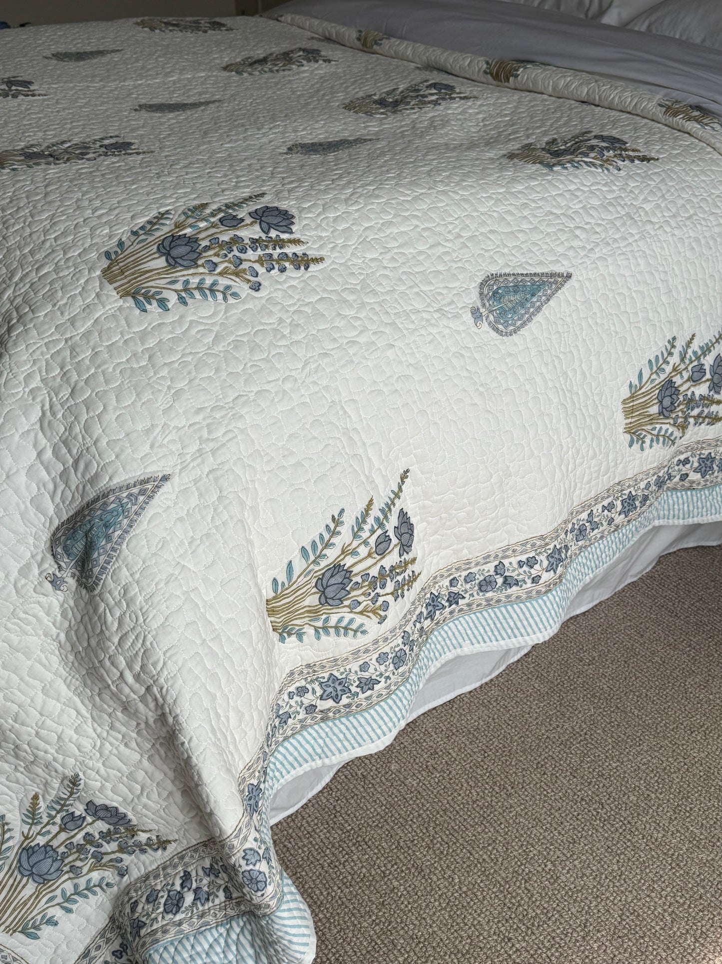Blue Cypress and Foliage Hand Block-Printed Bedspread