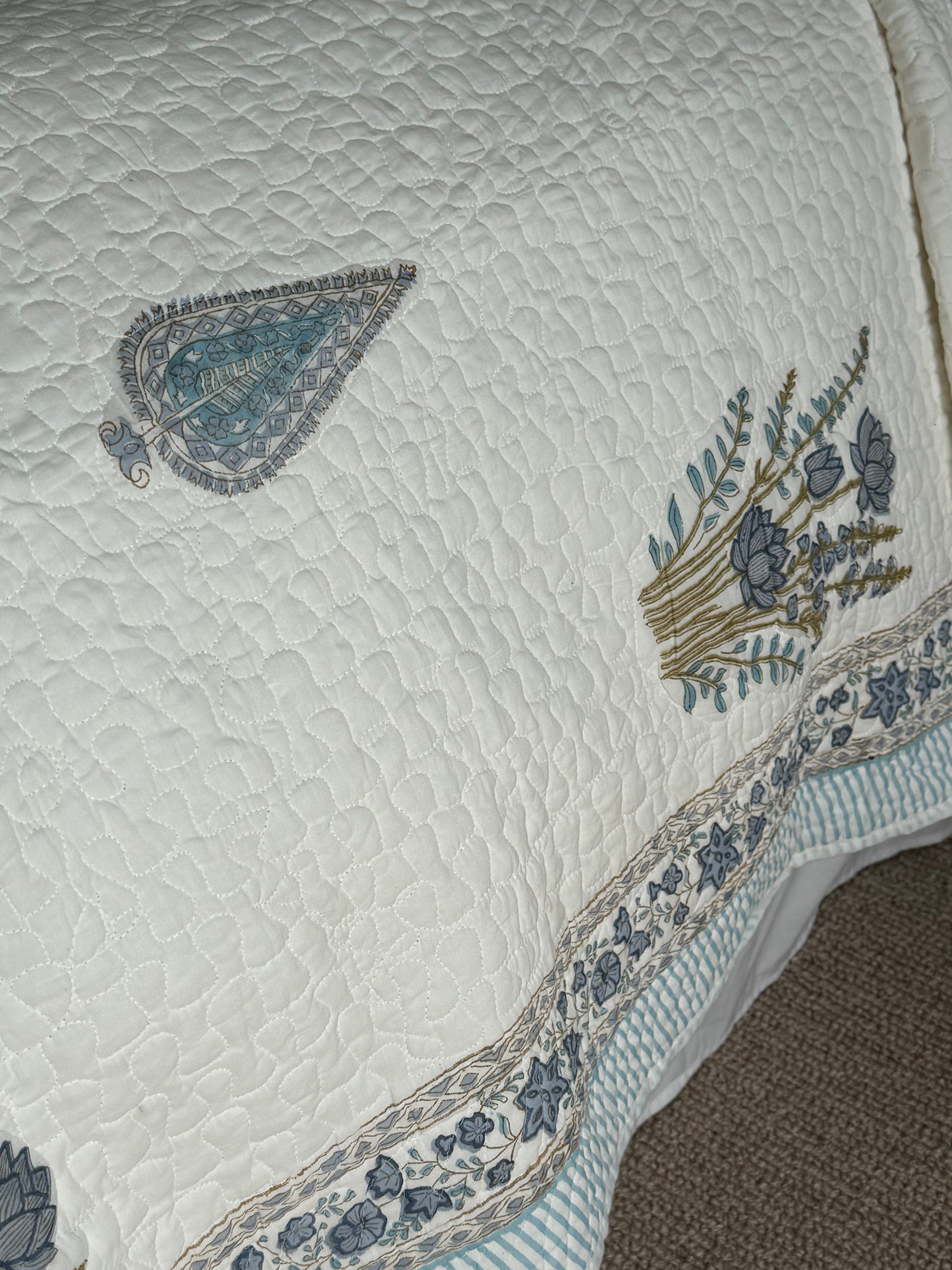 Blue Cypress and Foliage Hand Block-Printed Bedspread