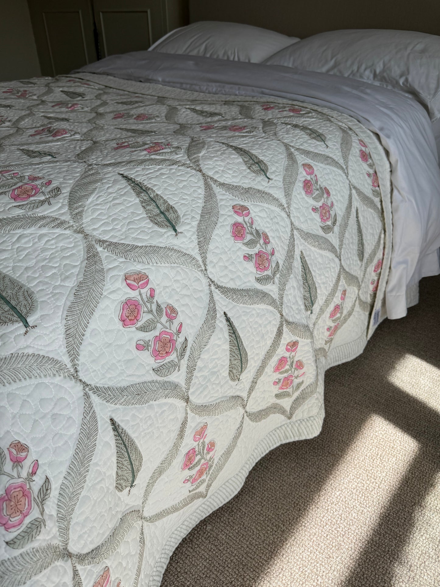 Cypress & Pink Foliage Hand Block-Printed Bedspread