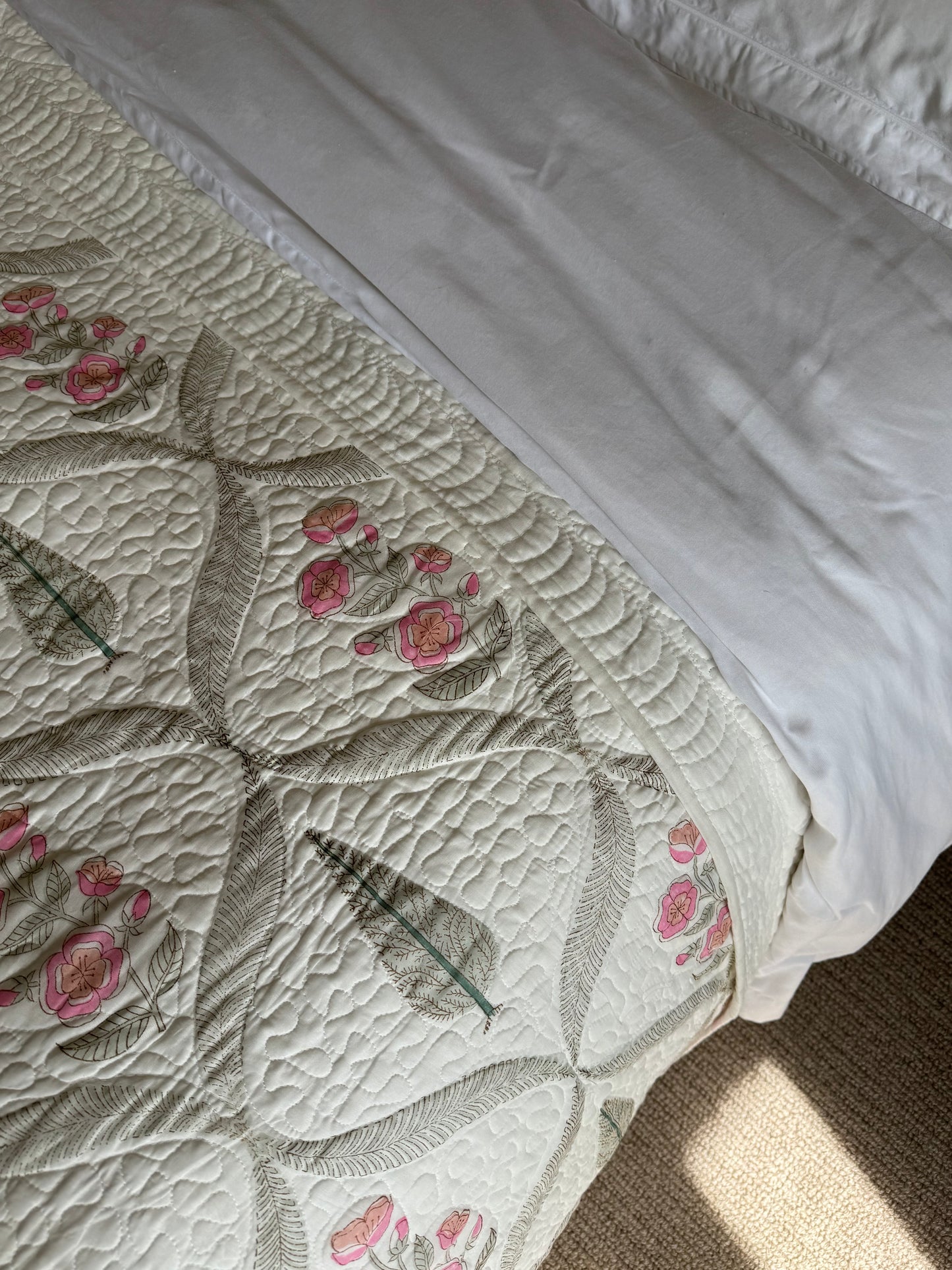 Cypress & Pink Foliage Hand Block-Printed Bedspread