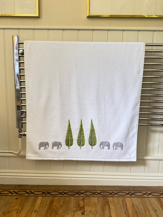 Cypress Tree and Elephant Embroidered Bath Towel