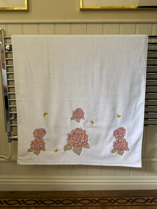 Pink Hydrangea and Butterfly Embroidered Bath Towel
