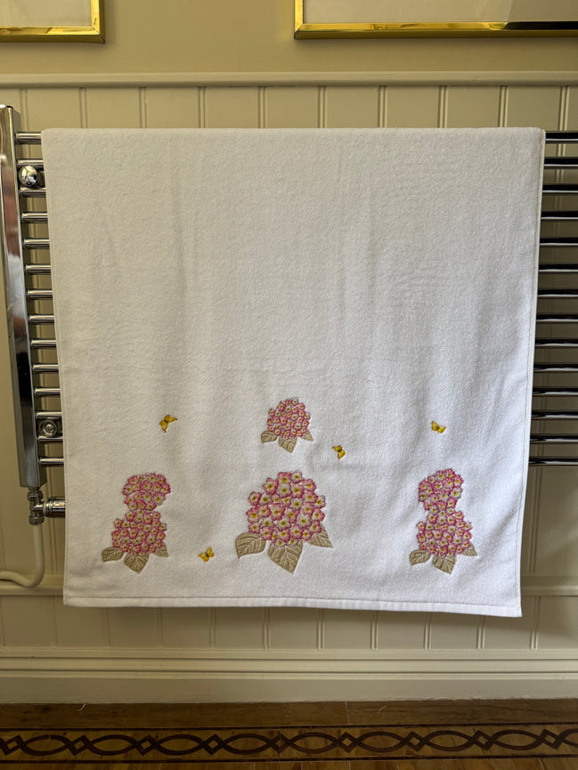 Pink Hydrangea and Butterfly Embroidered Bath Towel