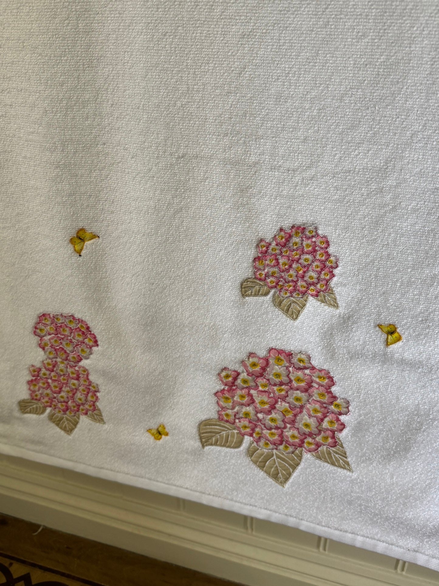 Pink Hydrangea and Butterfly Embroidered Bath Towel