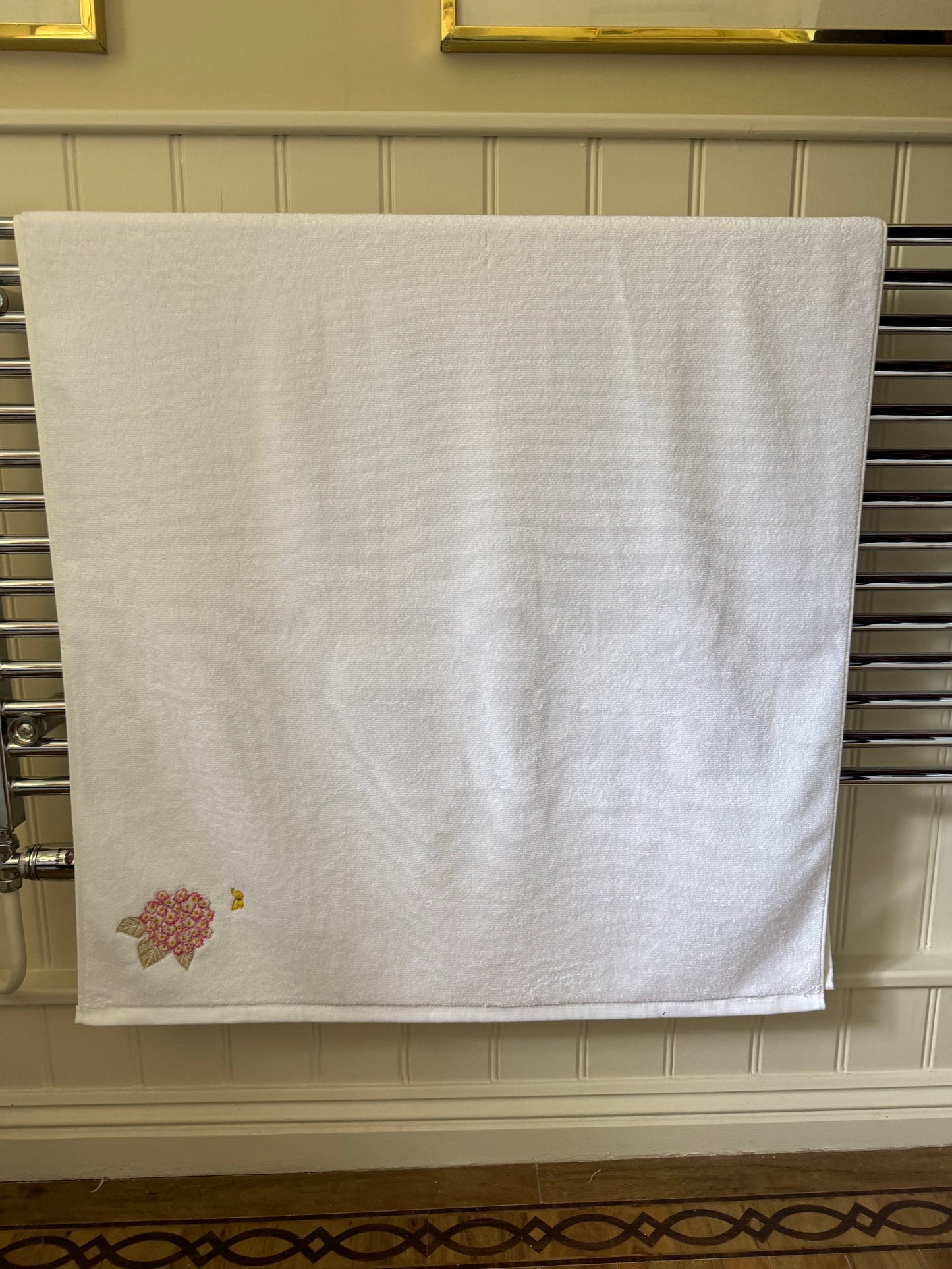 Pink Hydrangea and Butterfly Embroidered Bath Towel