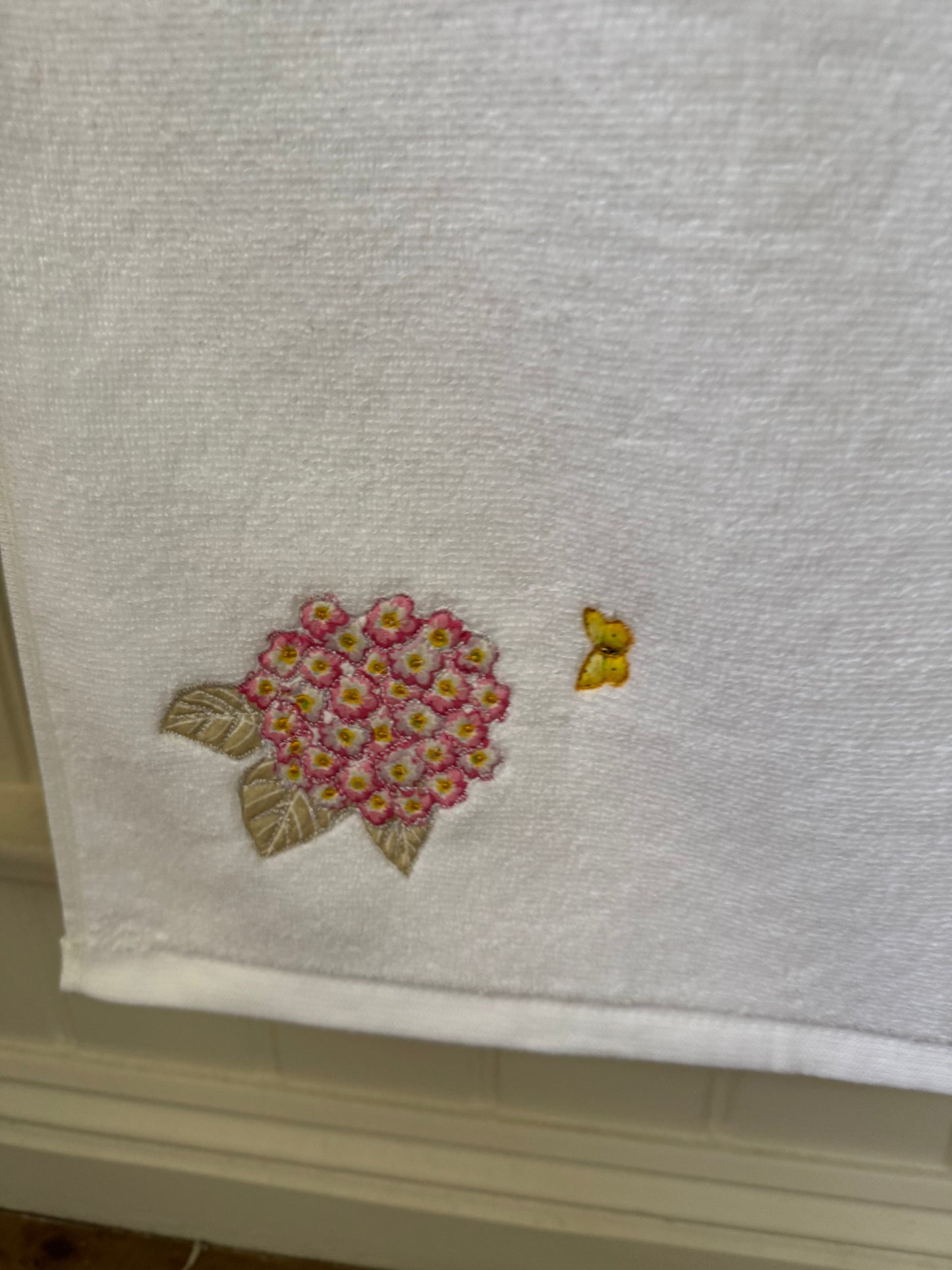 Pink Hydrangea and Butterfly Embroidered Bath Towel