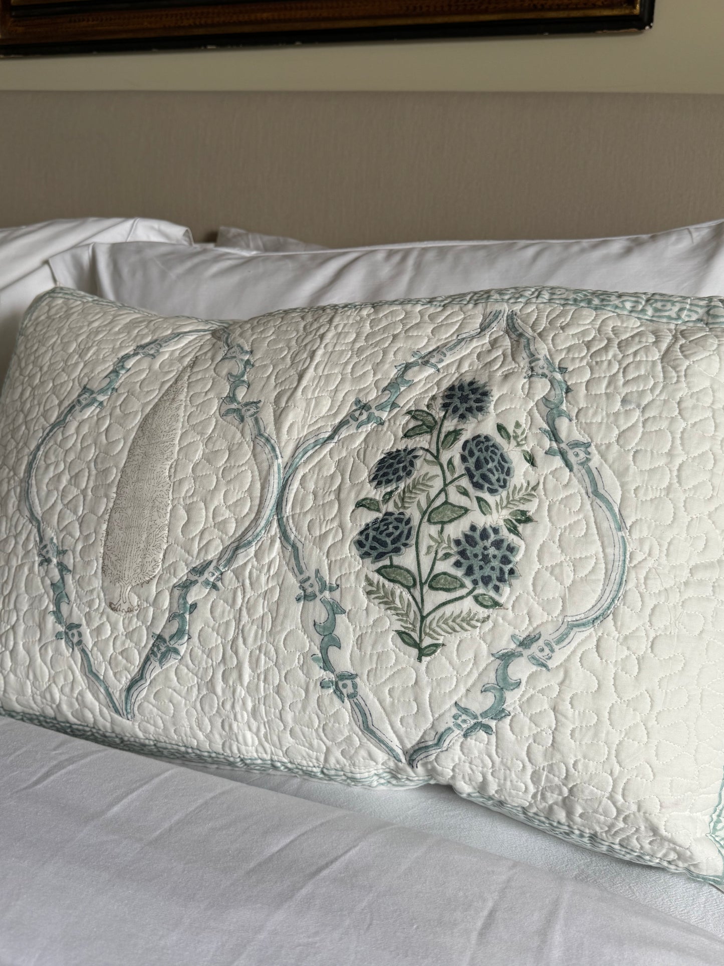 Blue Cypress & Foliage Quilted Hand Block Printed Pillowcase Pair