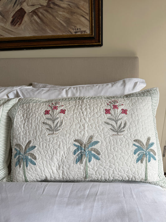 Blue Palmtree Quilted Hand Block Printed Pillowcase Pair