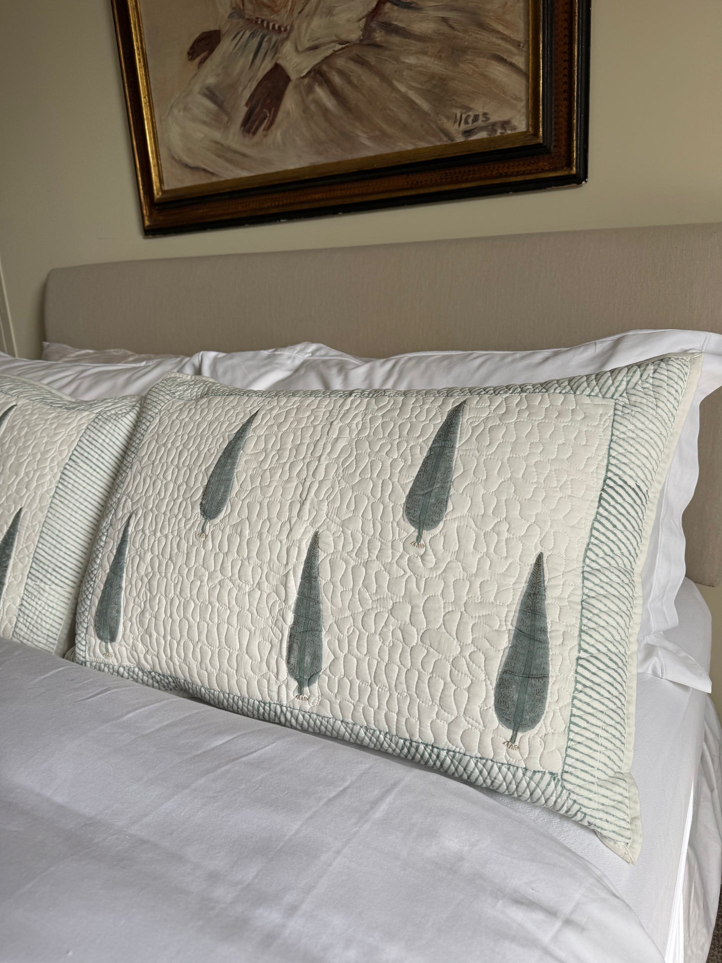Blue Cypress Tree Quilted Hand Block Printed Pillowcase Pair