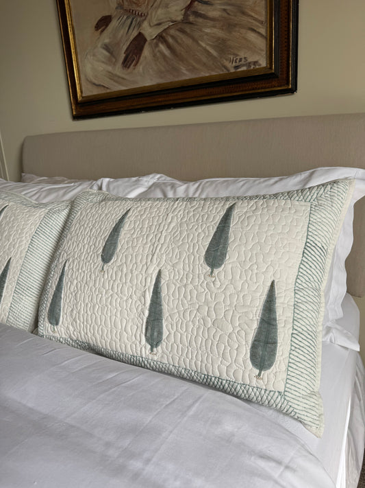 Blue Cypress Tree Quilted Hand Block Printed Pillowcase Pair