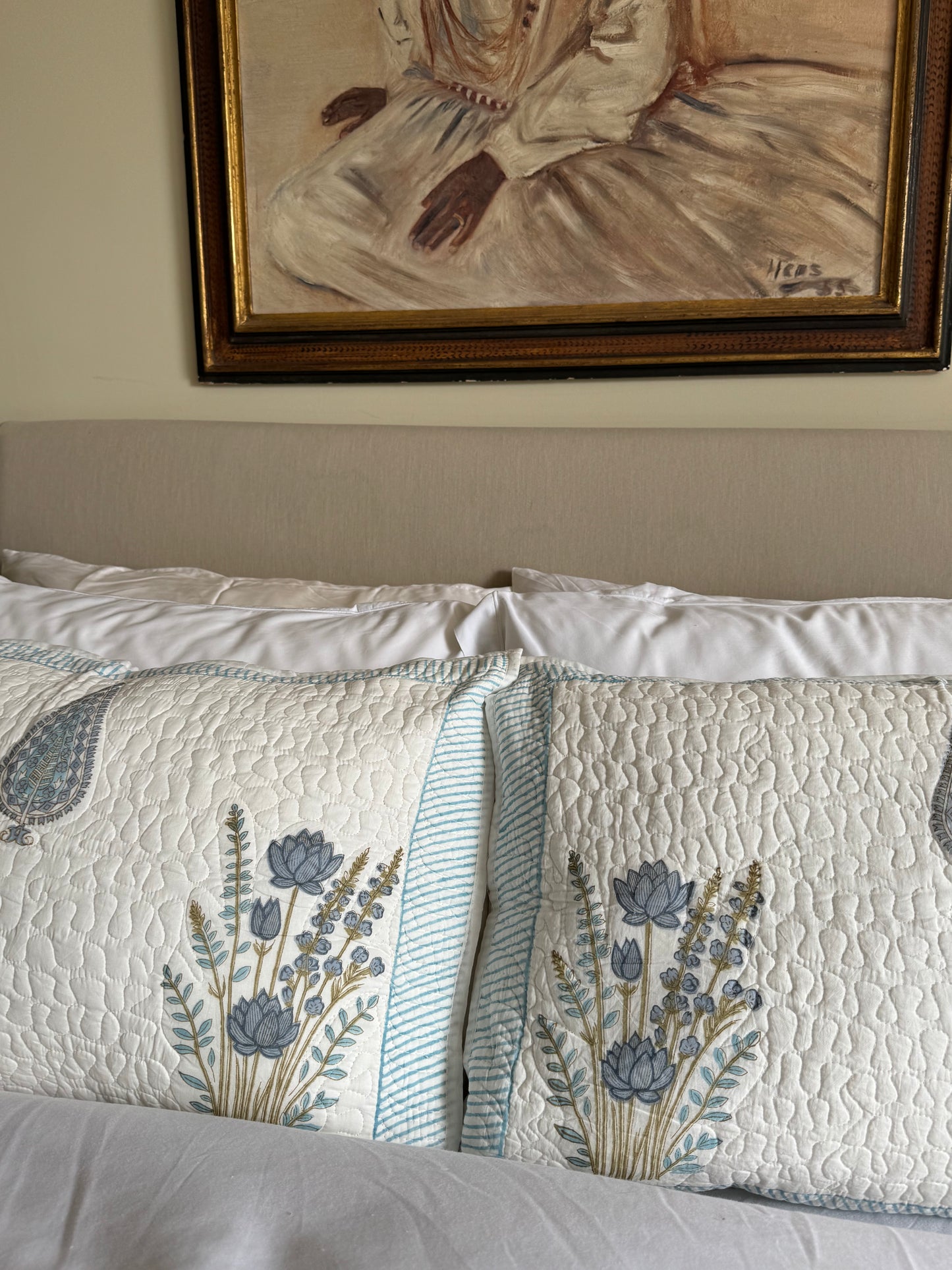 Blue Cypress & Shrubs Quilted Hand Block Printed Pillowcase Pair