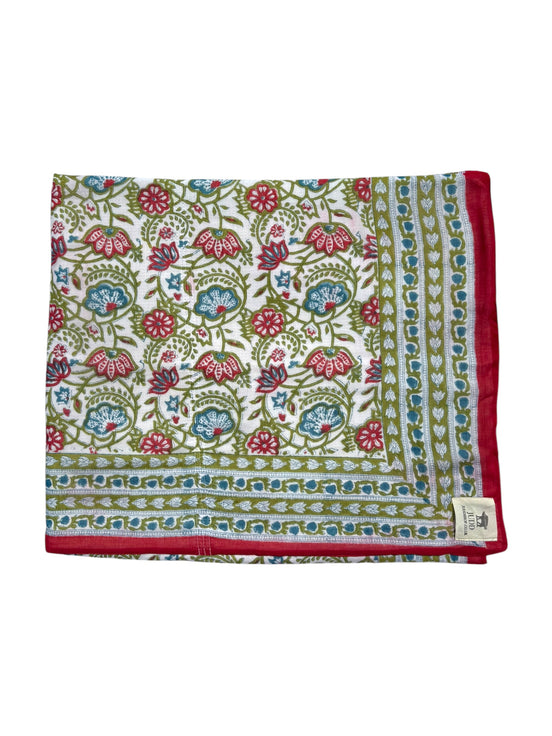 'Blue & Red Fauna' Block Printed Cotton Towel