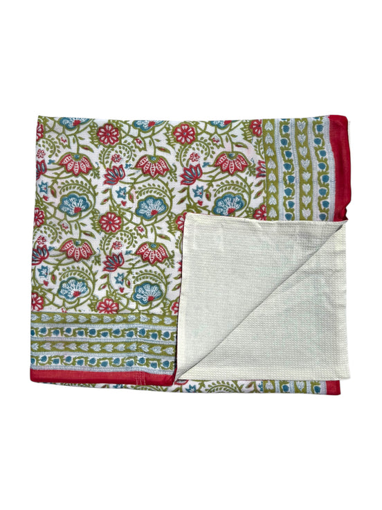 'Blue & Red Fauna' Block Printed Cotton Towel