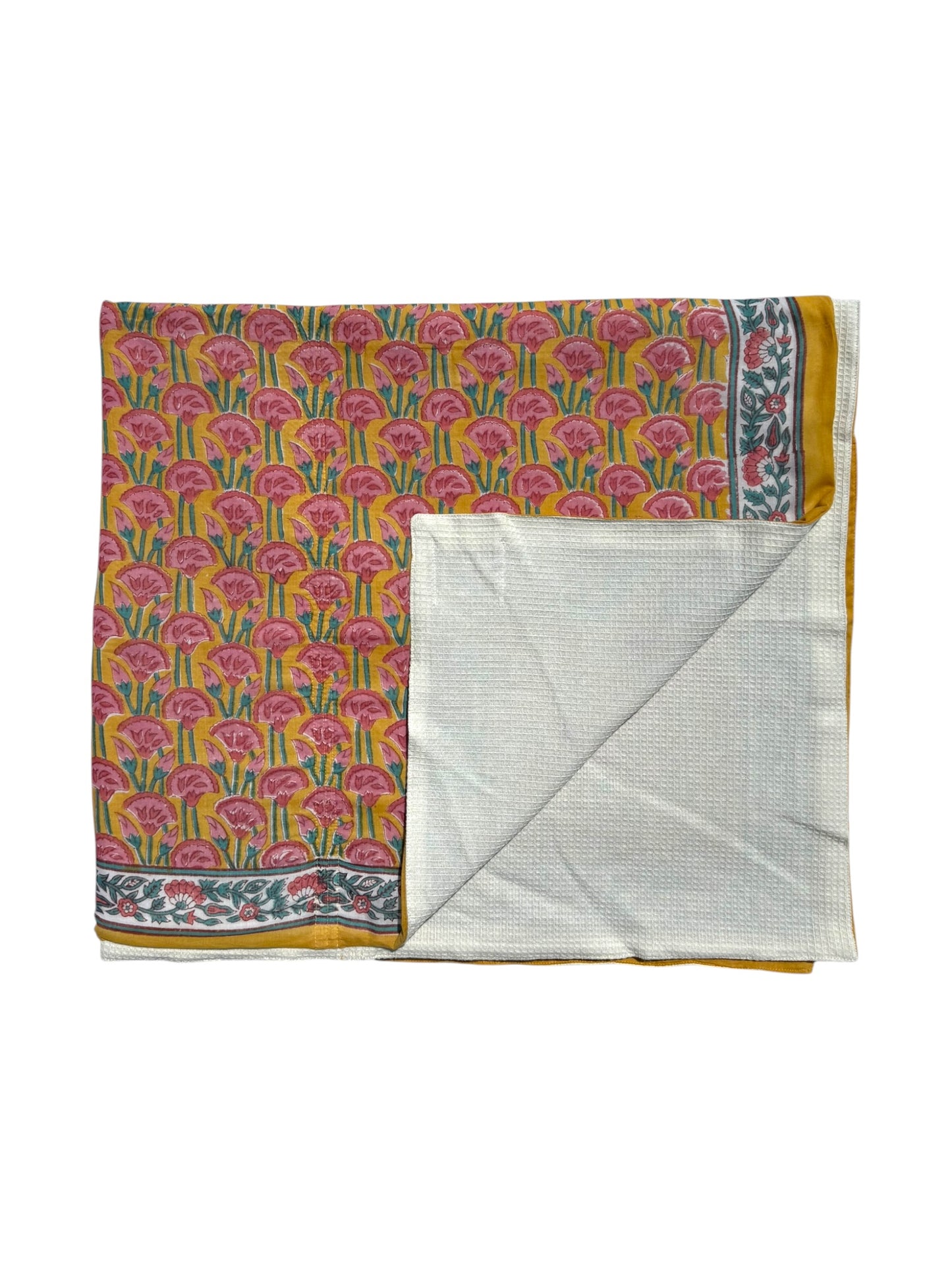 'Pink & Ochre Stacking Flower' Block Printed Cotton Towel