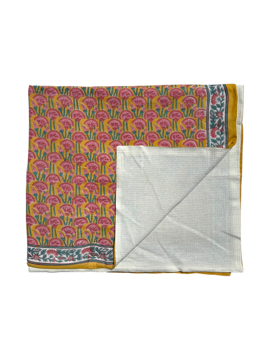'Pink & Ochre Stacking Flower' Block Printed Cotton Towel