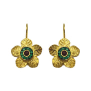 Etched Daisy Gemstone Earrings - Green & Red