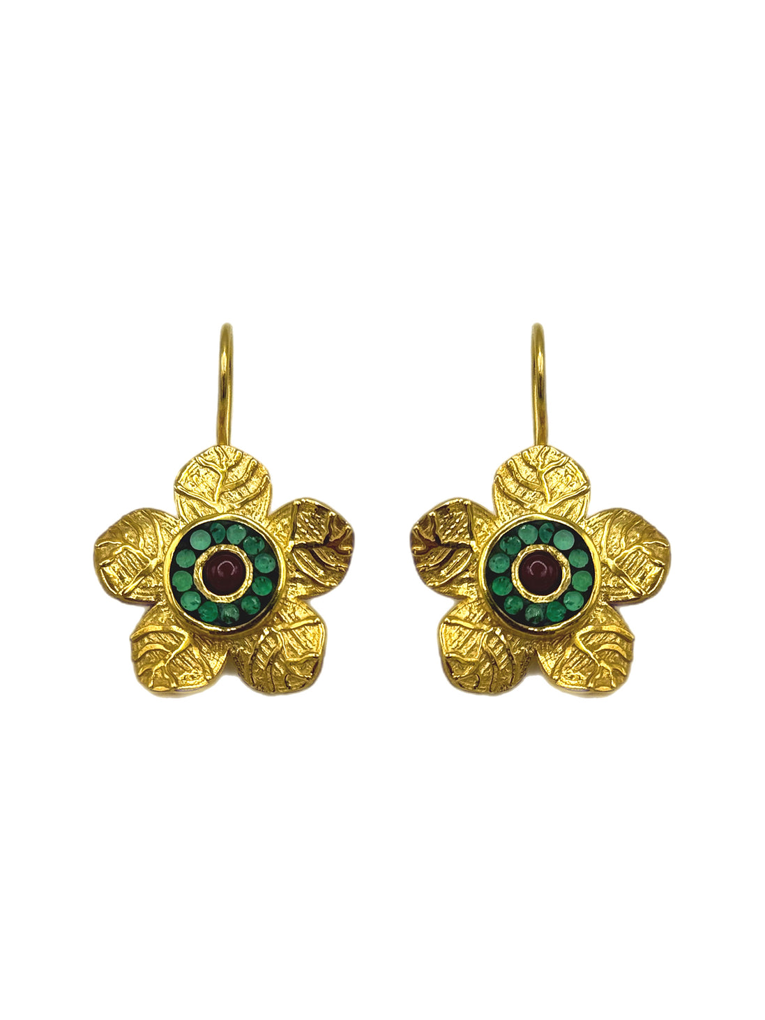 Etched Daisy Gemstone Earrings - Green & Red