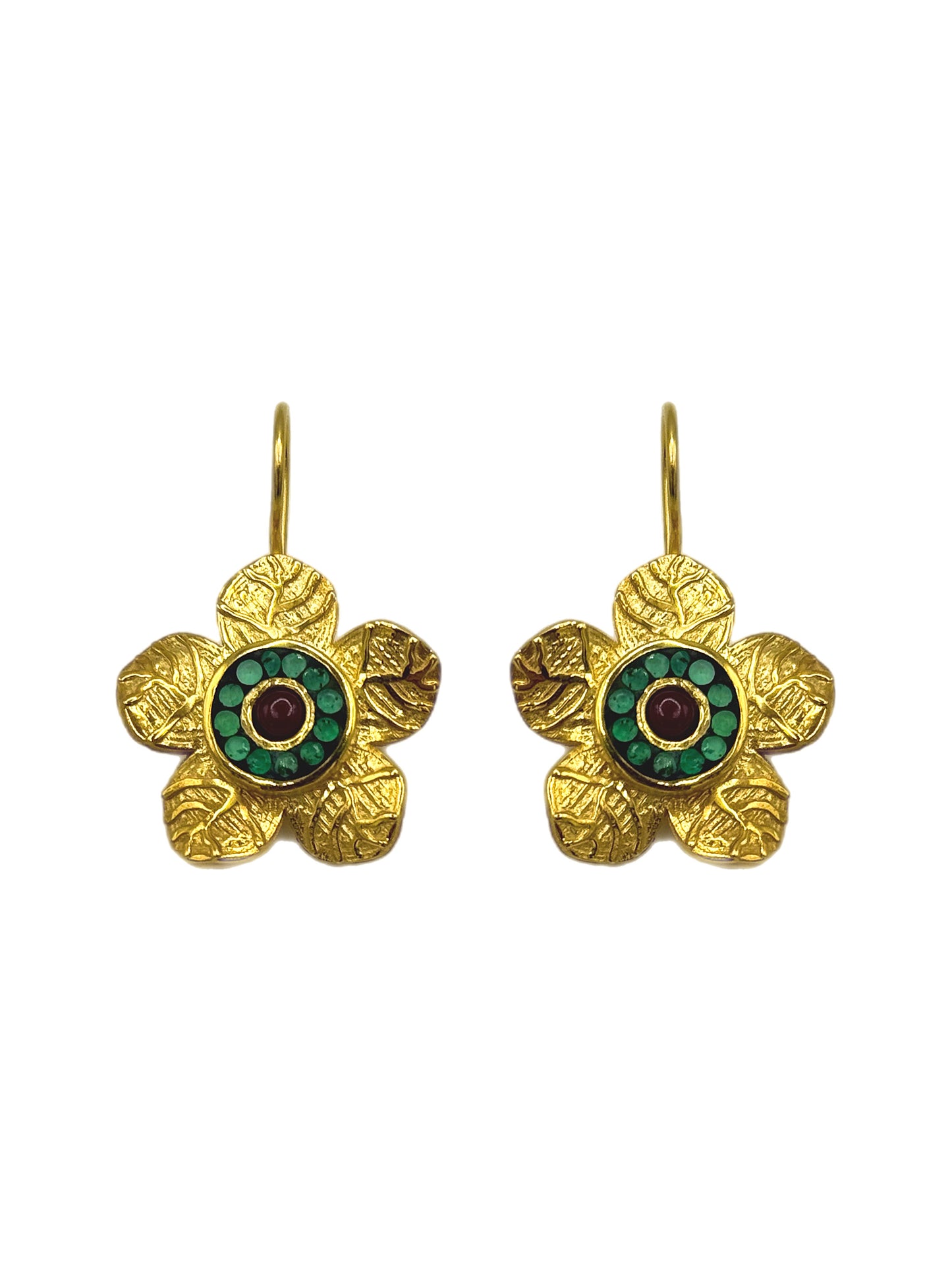 Etched Daisy Gemstone Earrings - Green & Red
