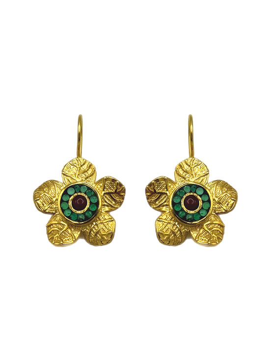 Etched Daisy Gemstone Earrings - Green & Red