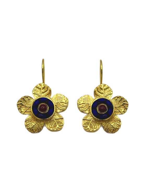 Etched Daisy Gemstone Earrings - Blue & Pink