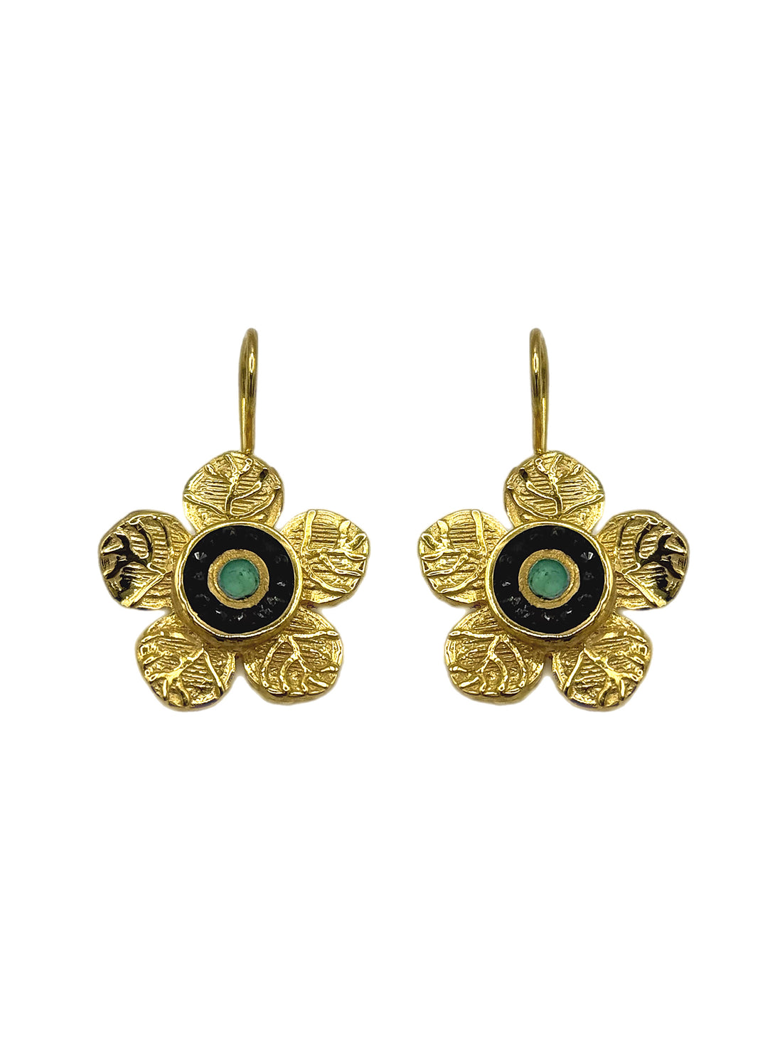 Etched Daisy Gemstone Earrings - Black & Green