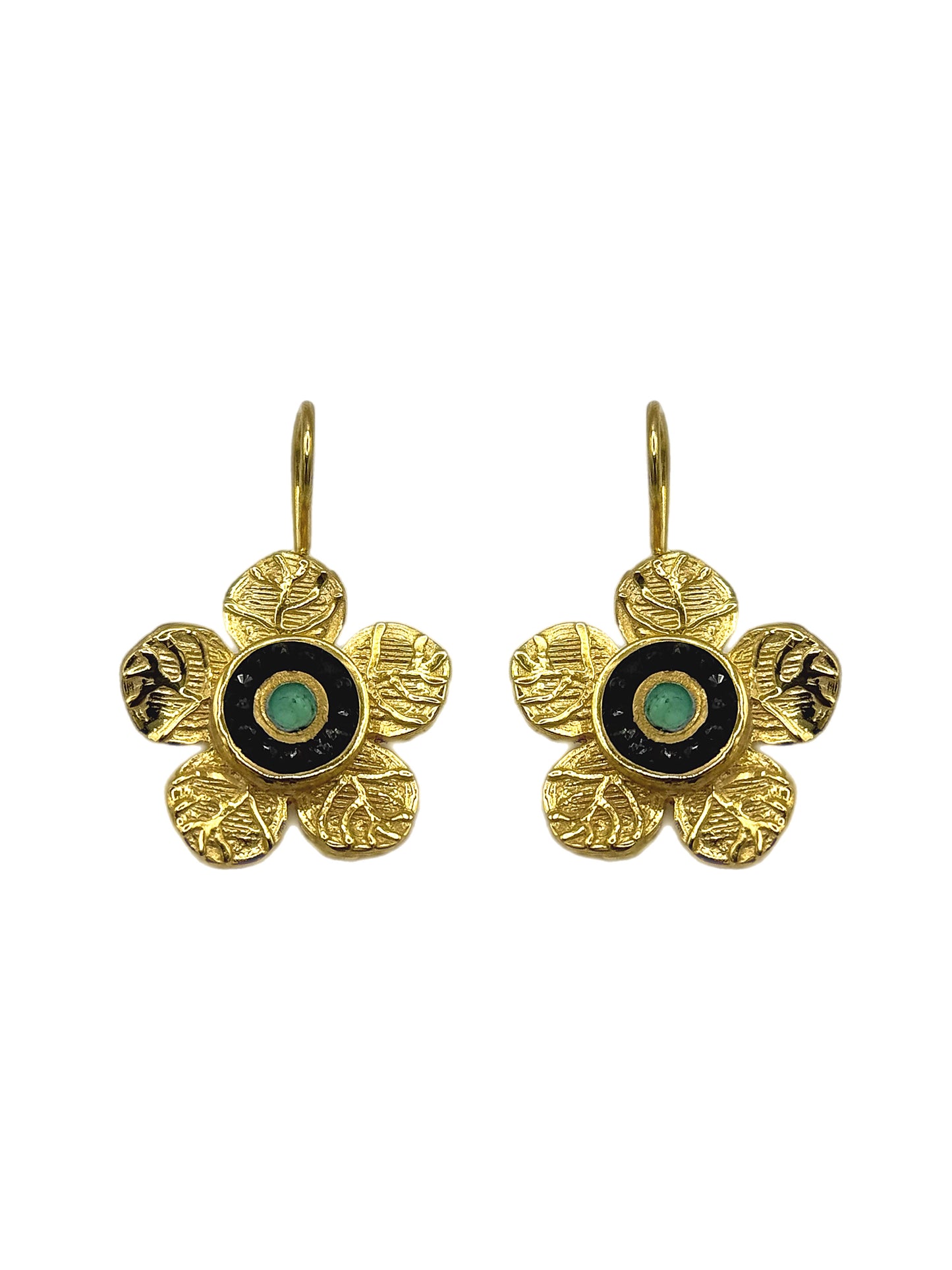 Etched Daisy Gemstone Earrings - Black & Green