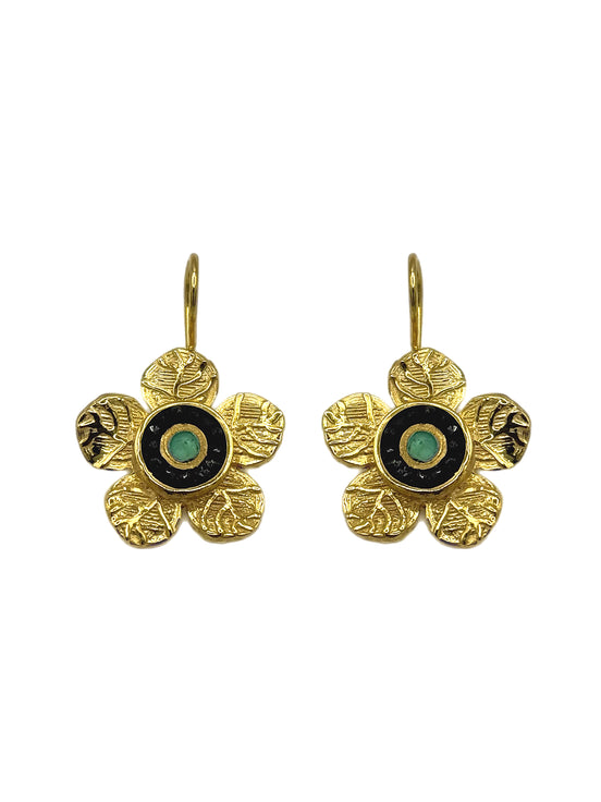 Etched Daisy Gemstone Earrings - Black & Green