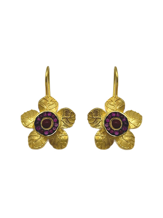Etched Daisy Gemstone Earrings - Pink