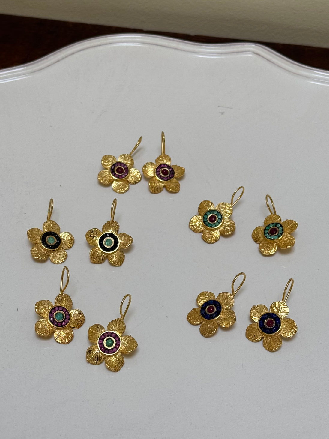 Etched Daisy Gemstone Earrings - Blue & Pink