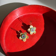 Etched Daisy Gemstone Earrings - Green & Red