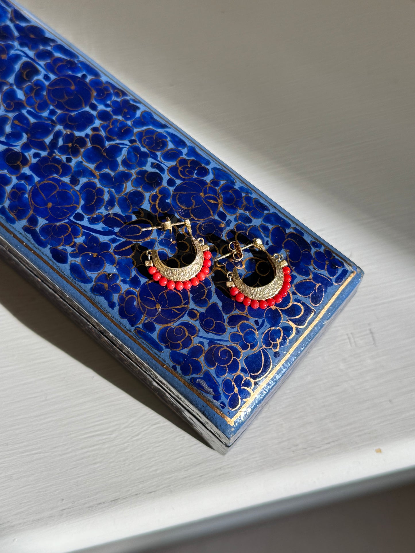 Gemstone Cresent Hoop Earrings - Red