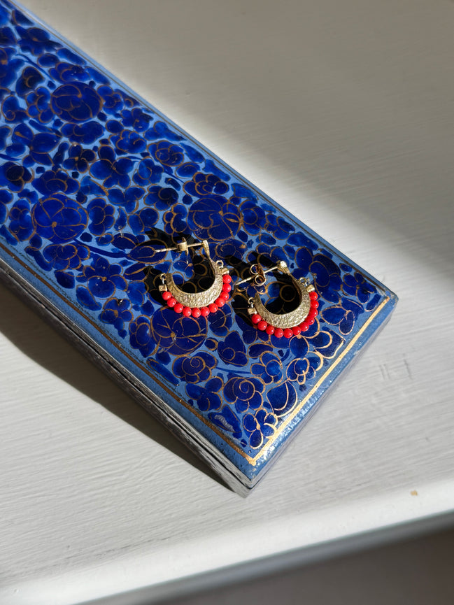 Gemstone Cresent Hoop Earrings - Red
