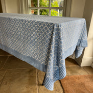 Blue Geometric Flower Hand Block Print Tablecloth