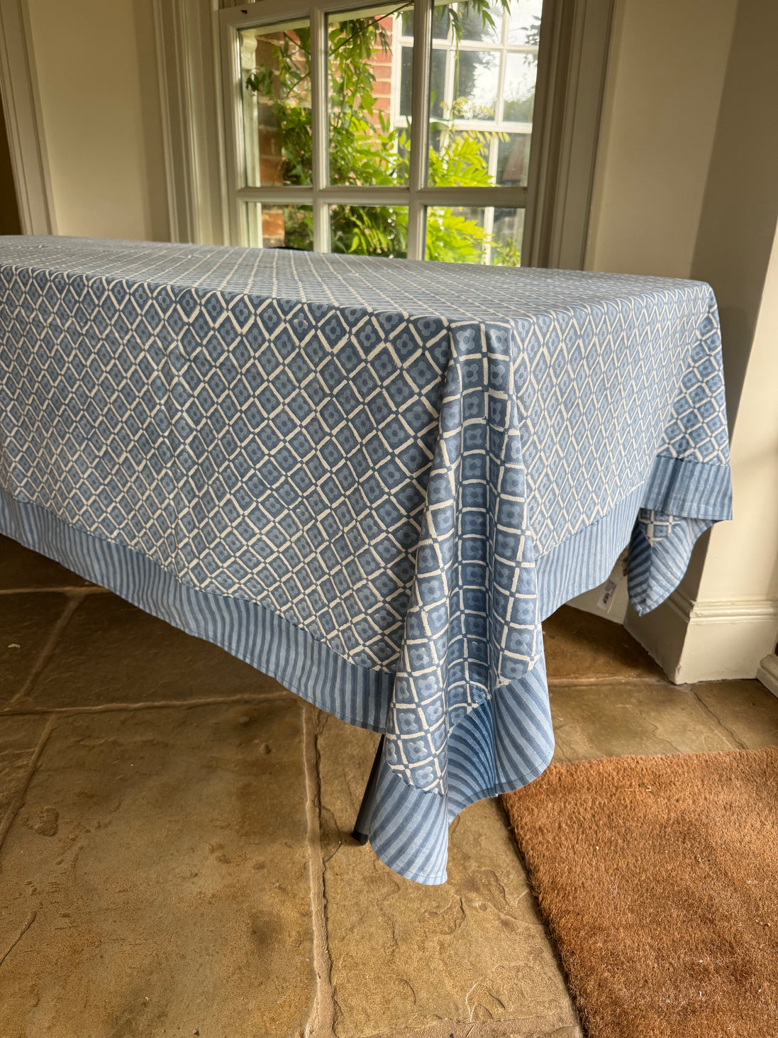 Blue Geometric Flower Hand Block Print Tablecloth