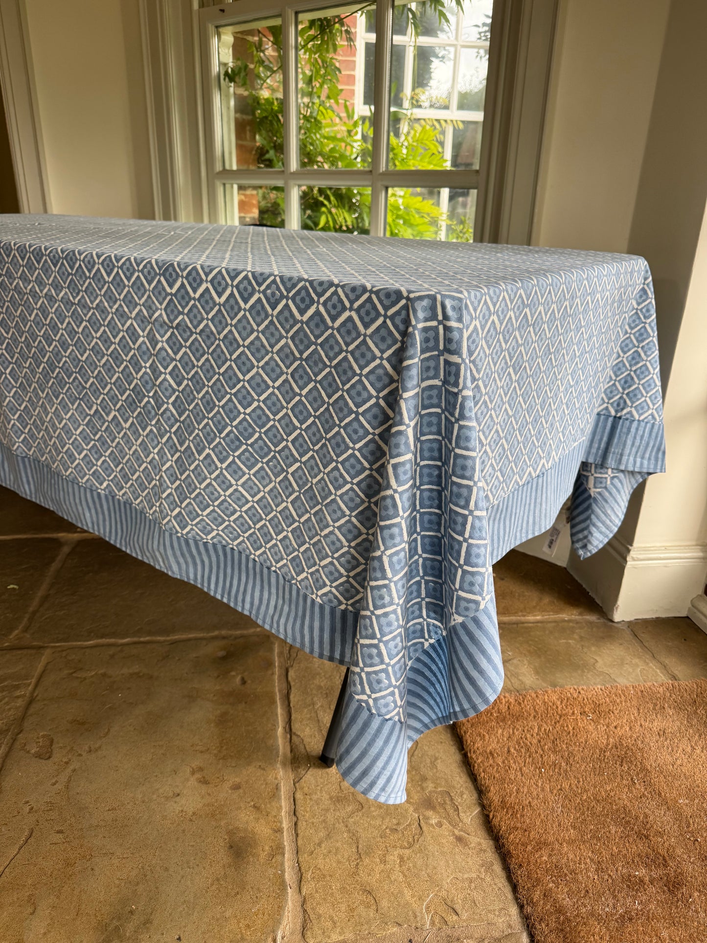 Blue Geometric Flower Hand Block Print Tablecloth