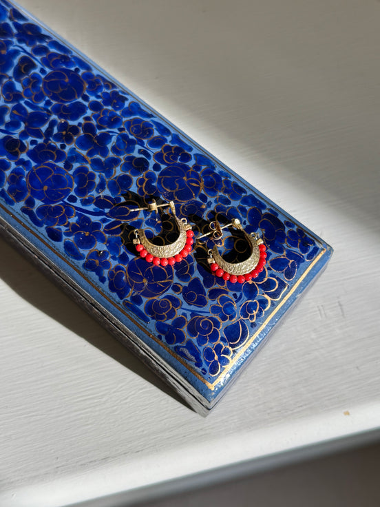 Gemstone Cresent Hoop Earrings - Red