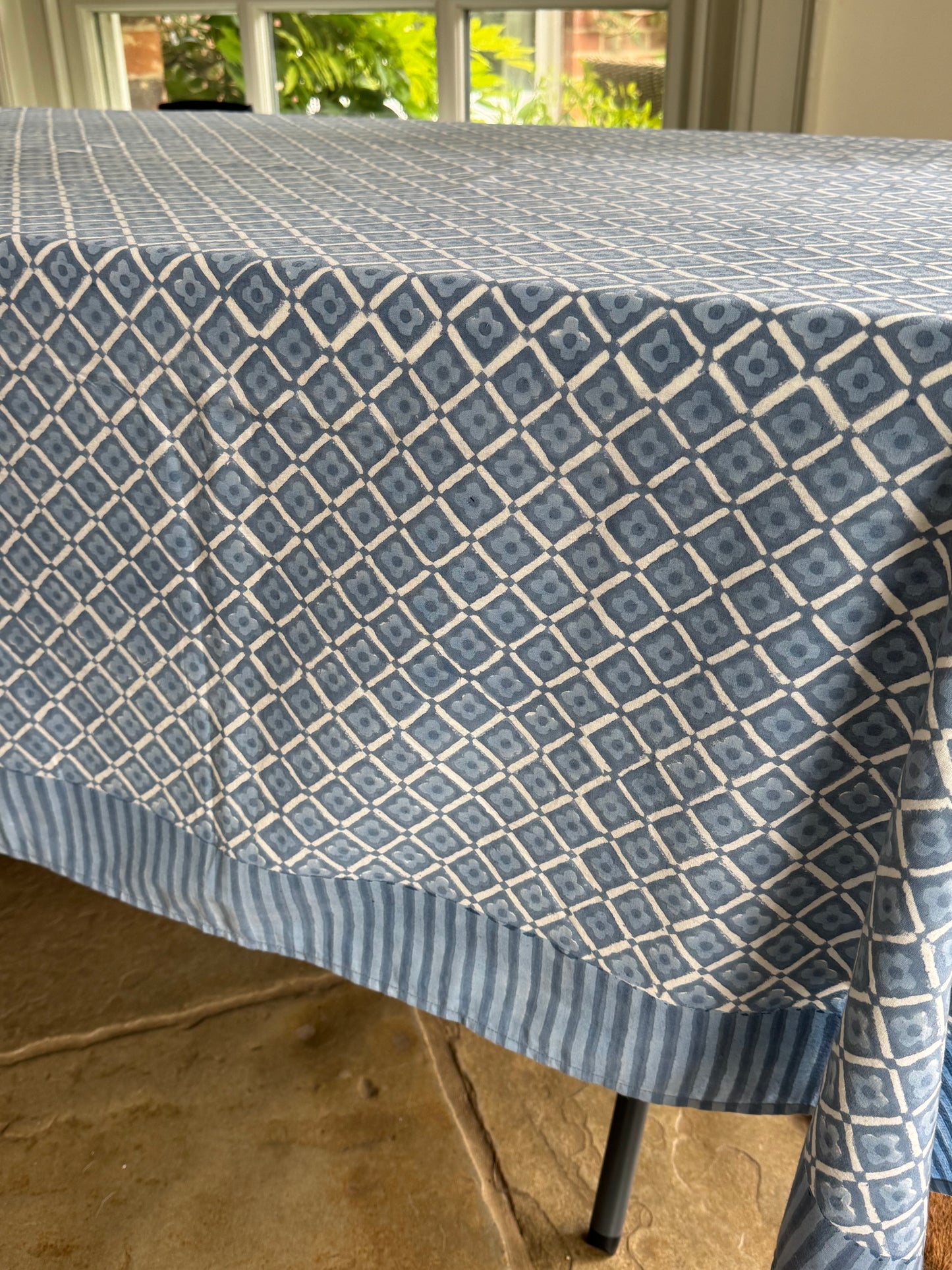 Blue Geometric Flower Hand Block Print Tablecloth