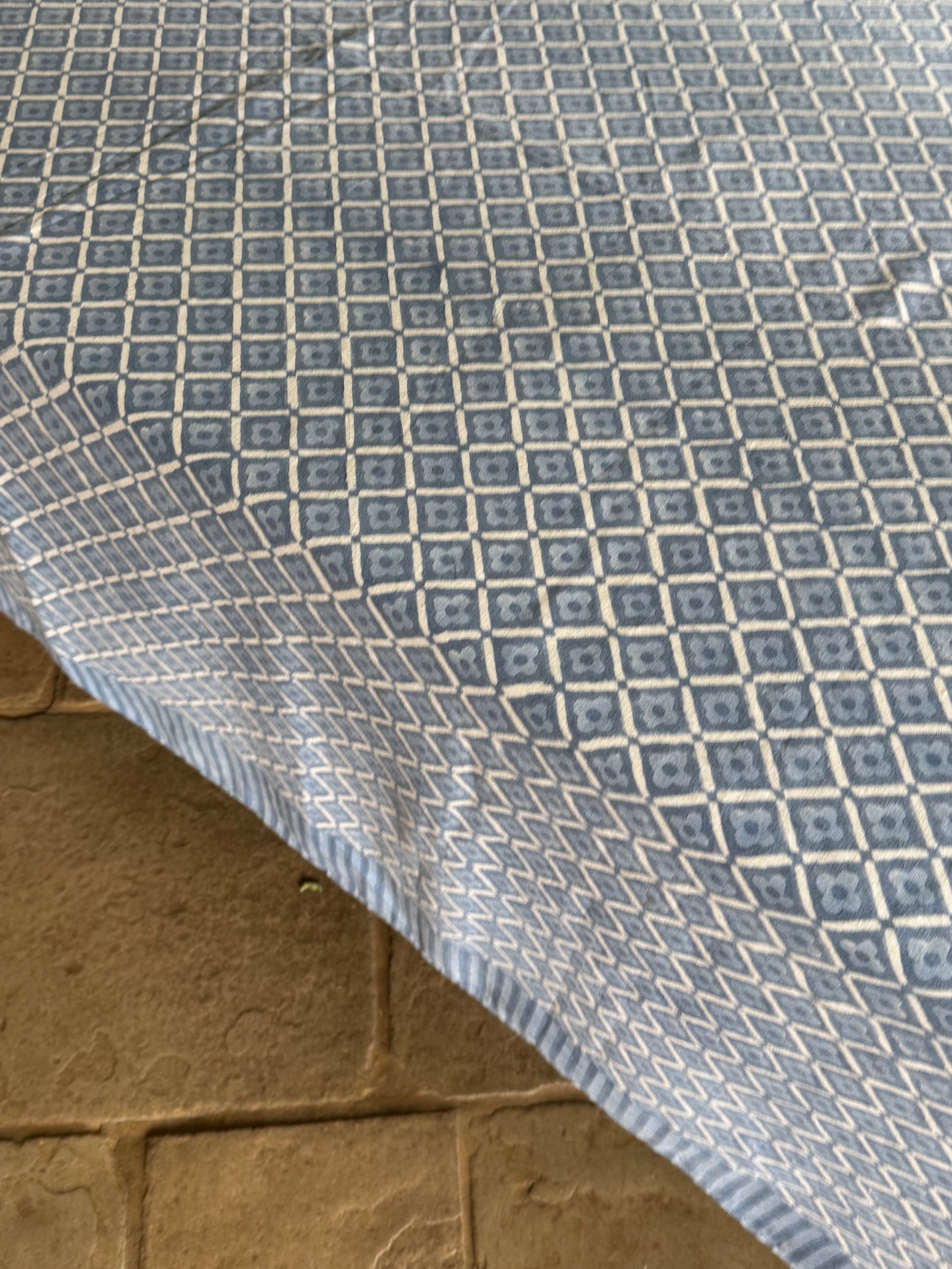 Blue Geometric Flower Hand Block Print Tablecloth