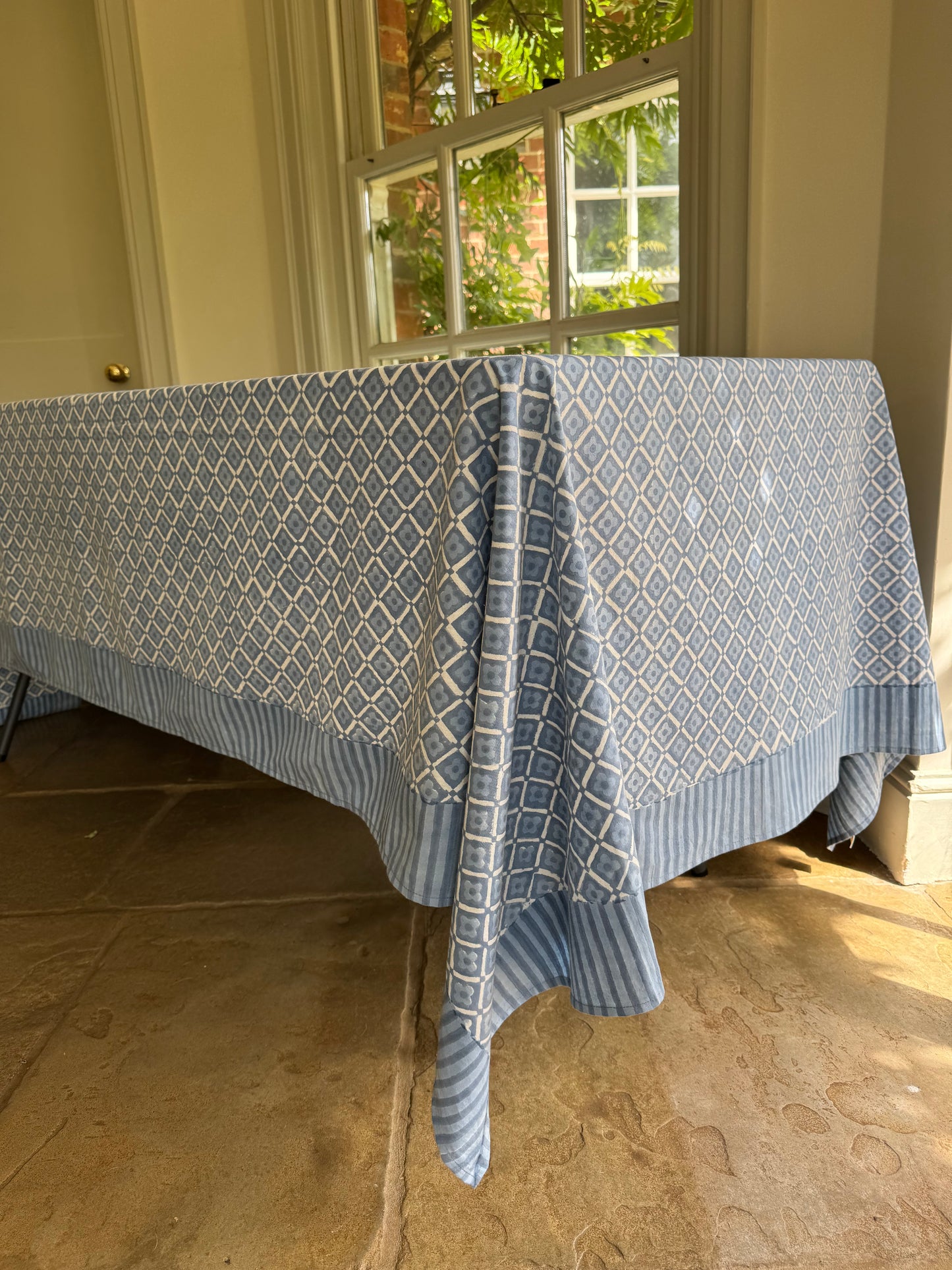 Blue Geometric Flower Hand Block Print Tablecloth