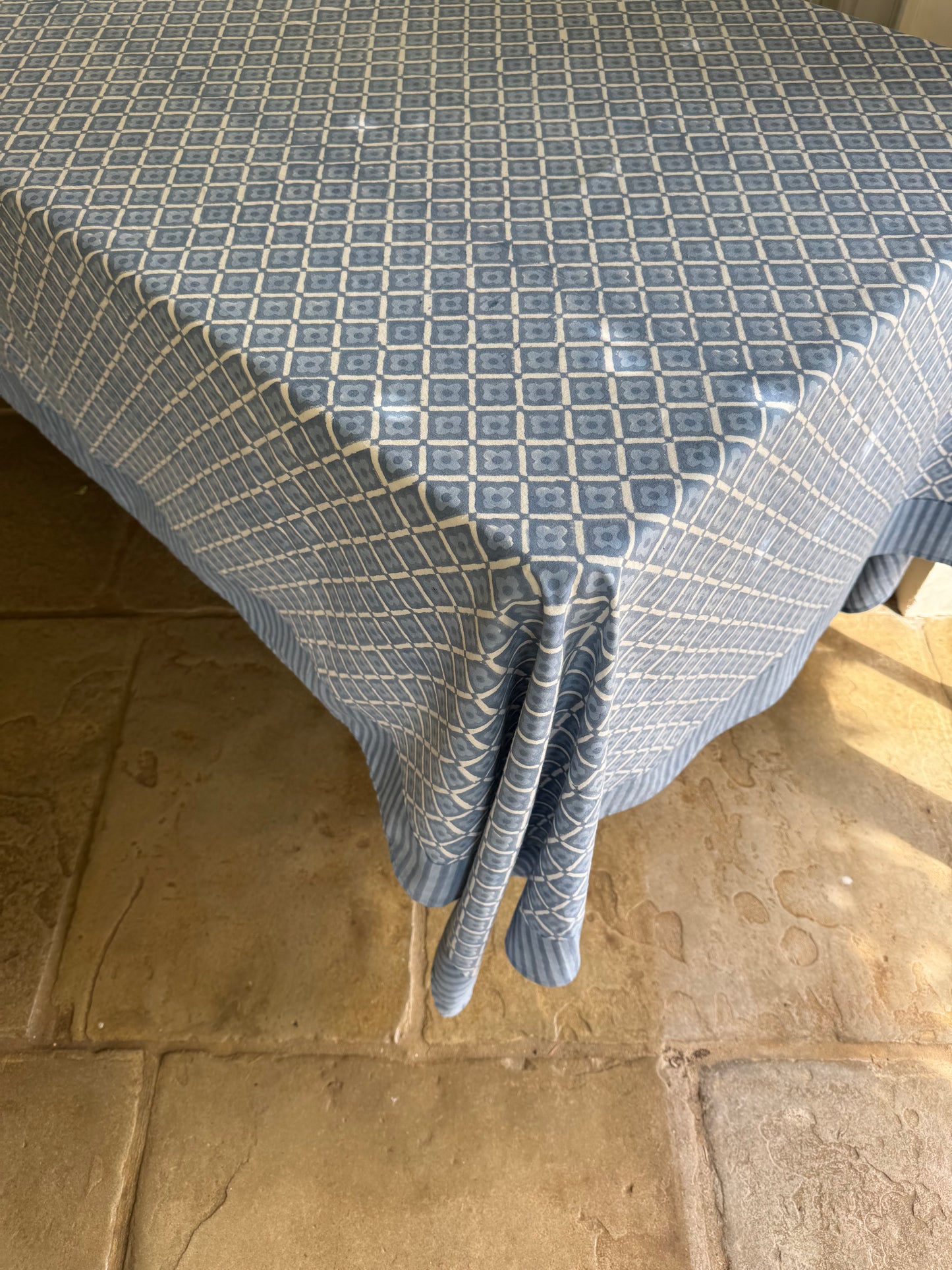 Blue Geometric Flower Hand Block Print Tablecloth