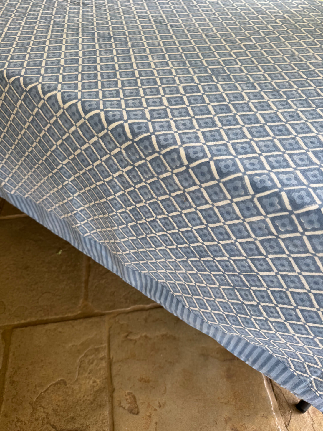 Blue Geometric Flower Hand Block Print Tablecloth