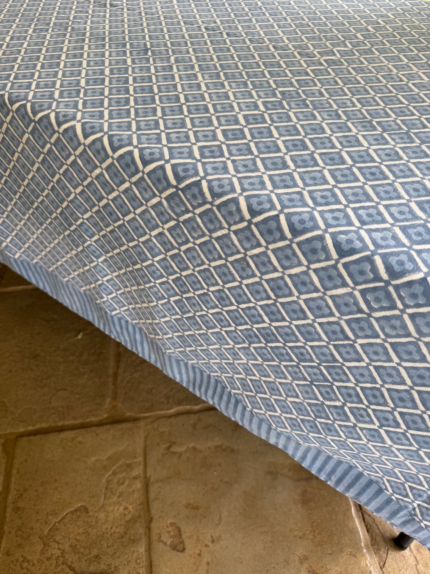 Blue Geometric Flower Hand Block Print Tablecloth