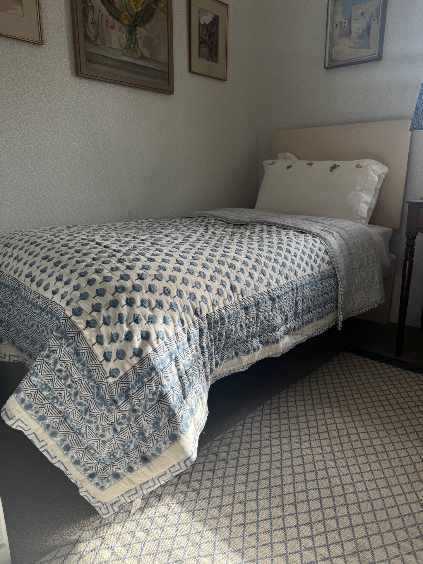 Blue Strawberry Hand Block-Printed Bedspread