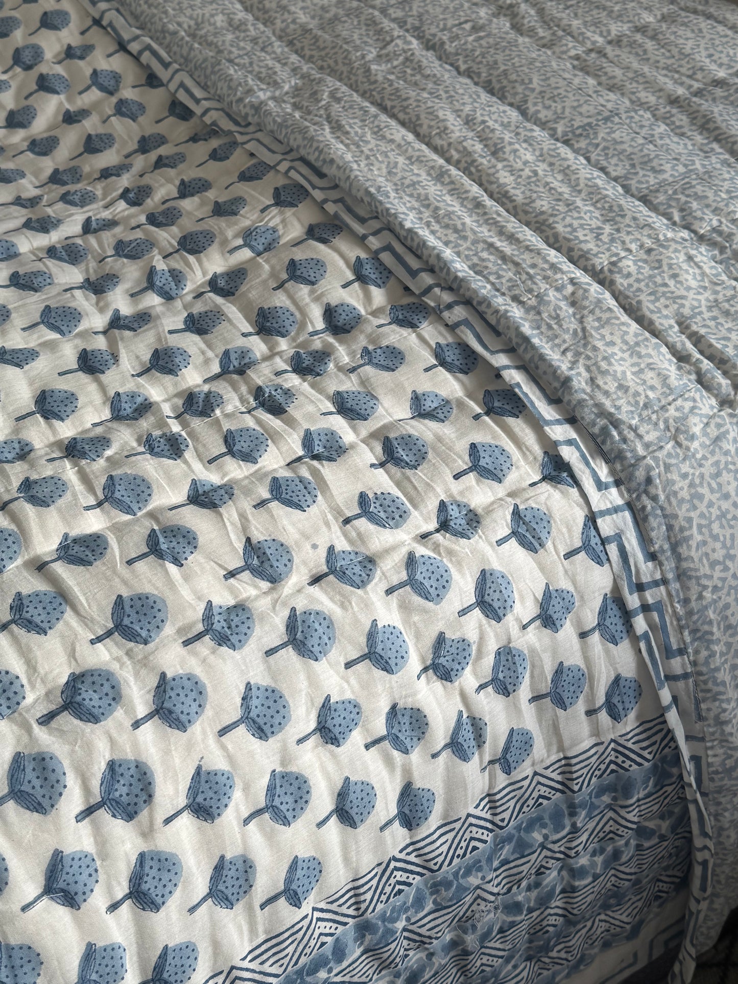 Blue Strawberry Hand Block-Printed Bedspread