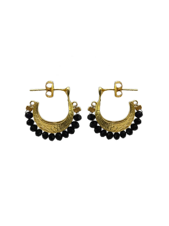 Gemstone Cresent Hoop Earrings - Black