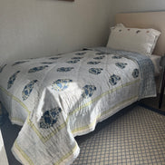 Blue Foliage & Tree Hand Block-Printed Single Bedspread