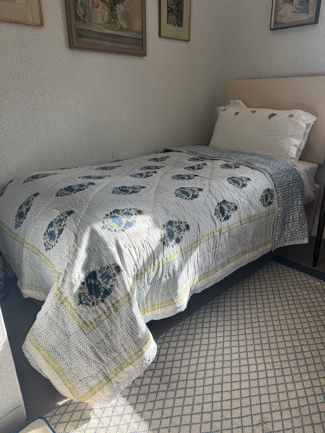 Blue Foliage & Tree Hand Block-Printed Single Bedspread