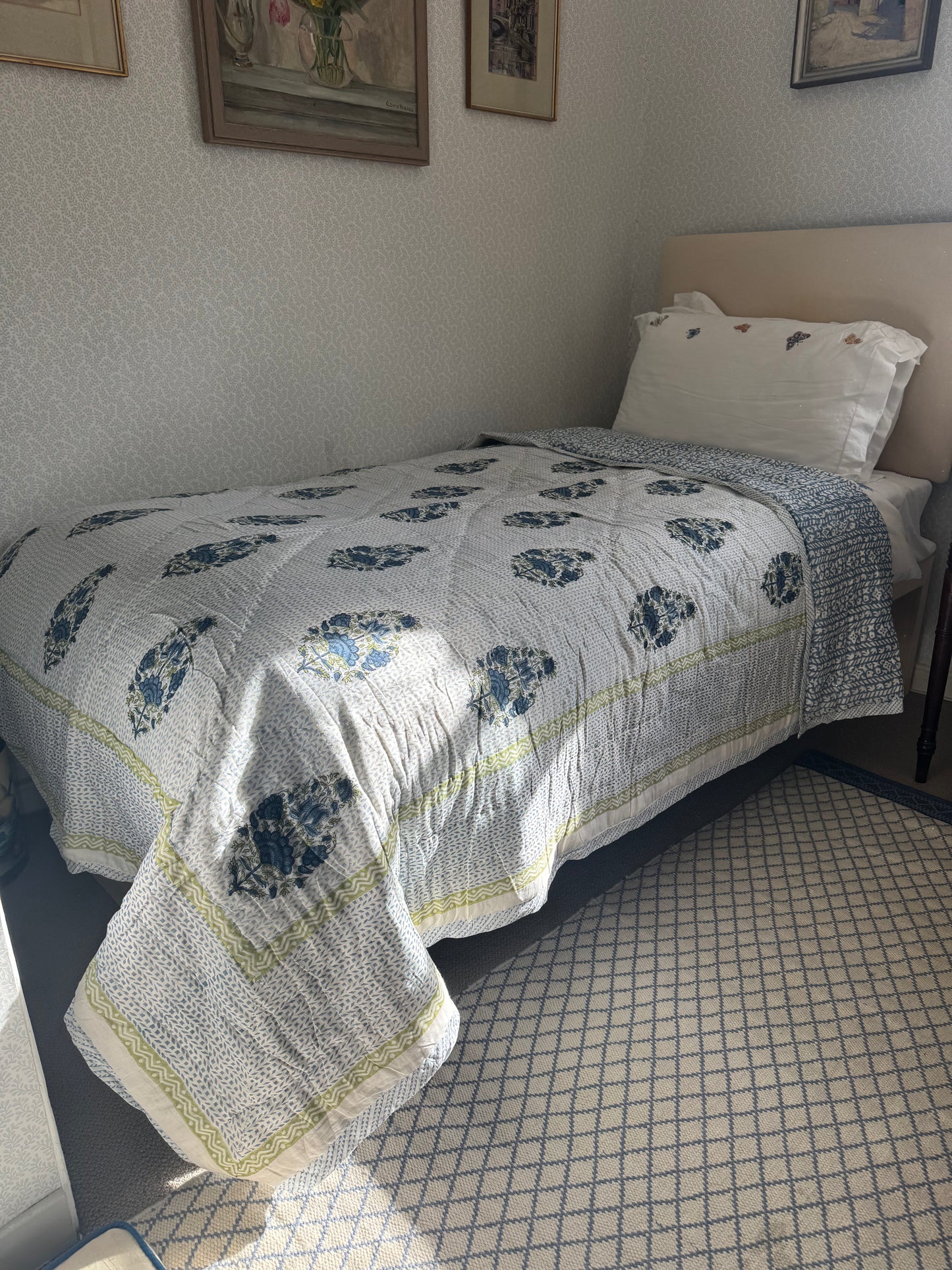 Blue Foliage & Tree Hand Block-Printed Single Bedspread