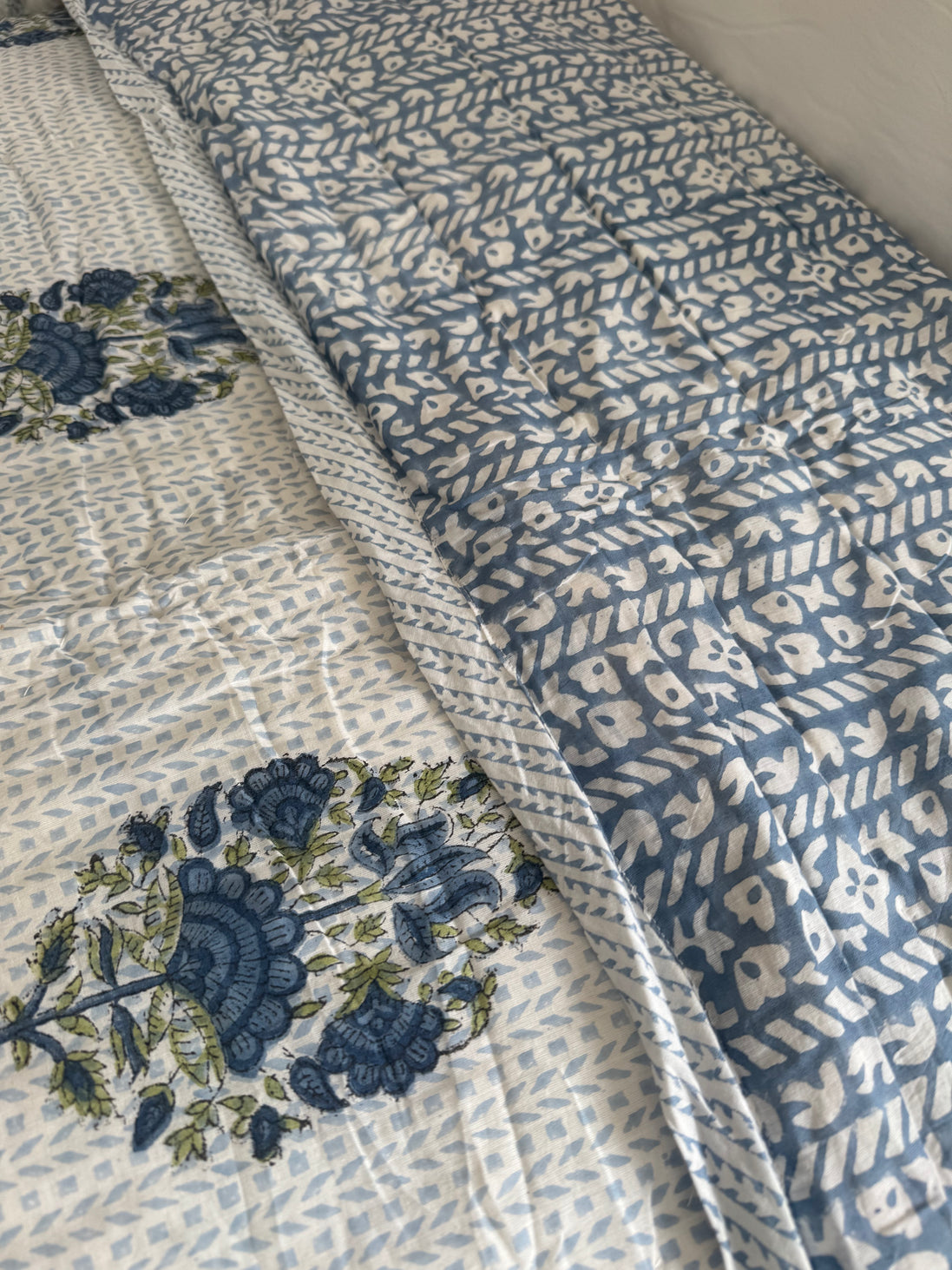 Blue Foliage & Tree Hand Block-Printed Single Bedspread